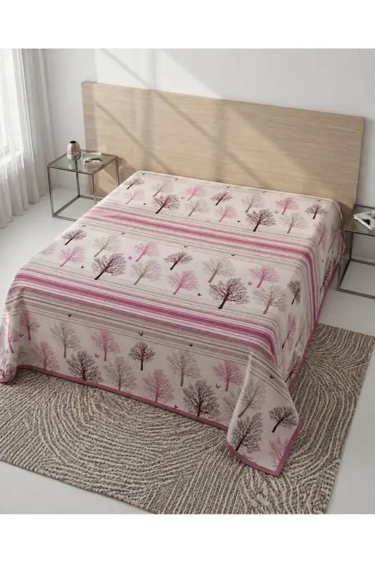 Hayat Ağacı Desen Baskılı 200x240 Cm. Çift Kişilik (BATTAL) Tek Pike - Pembe - Pembe - 7