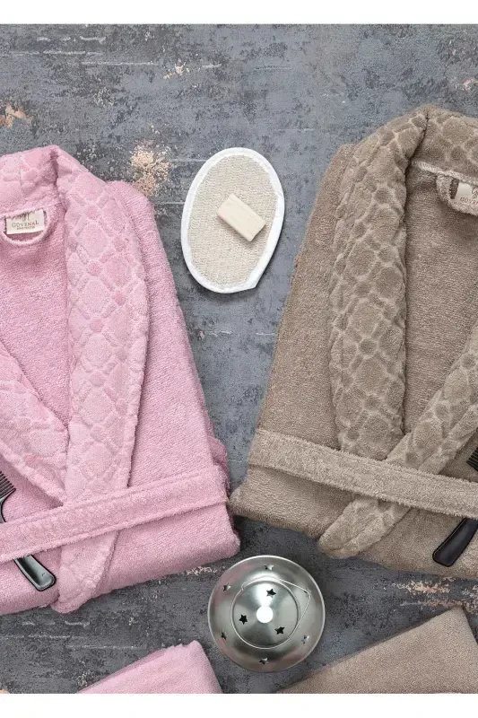 Hayol 12 Parça Qutili Jakarli Xalatlar To'plami | Xalat | Sochiq va Sochiqlar To'plami | Hammom Saroyi To'plami-qahva - 3