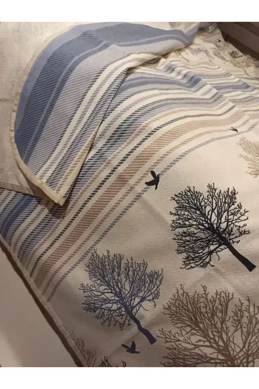 Hayot daraxti naqshli bosma 150x240 sm. Bir kishilik yagona pike - Moviy-Moviy - ŞENER HOME