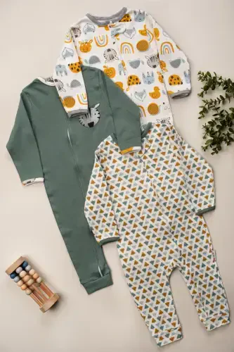 Hayvan Figürlü %100 Pamuklu Fermuarlı Unisex 3 Lü Bebek Uyku Tulum Seti. 9-12-18 Ay - 3