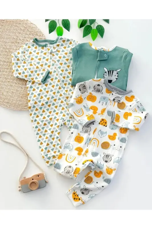Hayvon shaklidagi unisex 3 dona chaqaloq tulum to'plami. - MIDIRIK