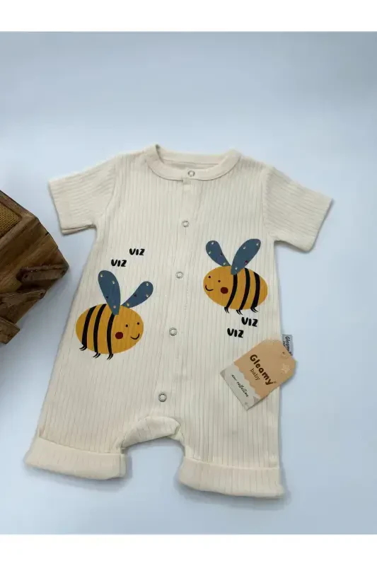 HAZELNUT BABY KIDS BEE PATTERN SNAP FASTENER SHORT SLEEVE SHORTS JUMPSUIT (ONESIE) %100 COTTON-BEIGE - 1