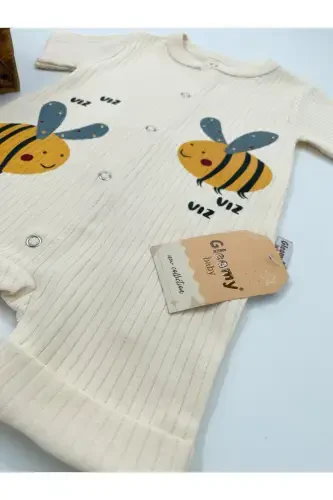 HAZELNUT BABY KIDS BEE PATTERN SNAP FASTENER SHORT SLEEVE SHORTS JUMPSUIT (ONESIE) %100 COTTON-BEIGE - 5