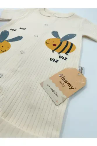 HAZELNUT BABY KIDS BEE PATTERN SNAP FASTENER SHORT SLEEVE SHORTS JUMPSUIT (ONESIE) %100 COTTON-BEIGE - 6