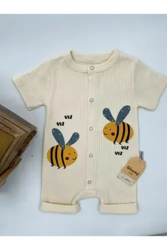 HAZELNUT BABY KIDS BEE PATTERN SNAP FASTENER SHORT SLEEVE SHORTS JUMPSUIT (ONESIE) %100 COTTON-BEIGE - 7