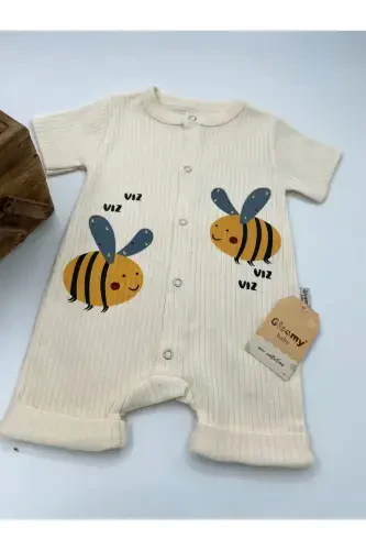 HAZELNUT BABY KIDS BEE PATTERN SNAP FASTENER SHORT SLEEVE SHORTS JUMPSUIT (ONESIE) %100 COTTON-BEIGE - 8