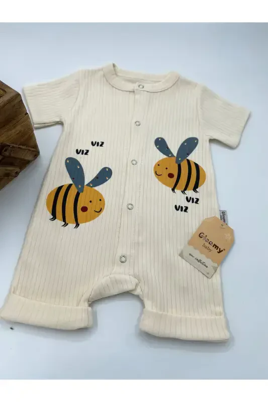 HAZELNUT BABY KIDS BEE PATTERN SNAP FASTENER SHORT SLEEVE SHORTS JUMPSUIT (ONESIE) %100 COTTON-BEIGE - 8