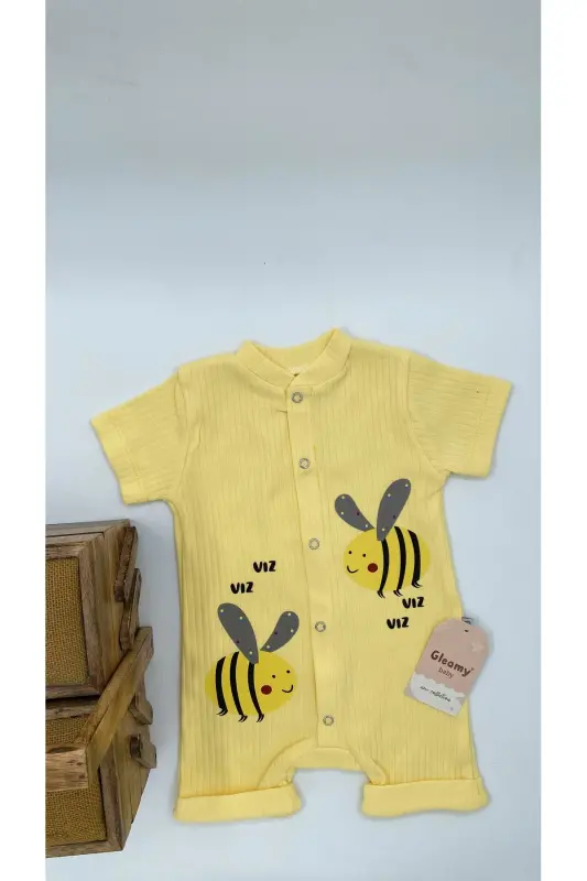 HAZELNUT BABY KIDS BEE PATTERN SNAP FASTENER SHORT SLEEVE SHORTS JUMPSUIT (ONESIE) %100 COTTON-Yellow - 2