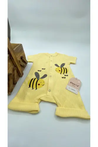 HAZELNUT BABY KIDS BEE PATTERN SNAP FASTENER SHORT SLEEVE SHORTS JUMPSUIT (ONESIE) %100 COTTON-Yellow - 3