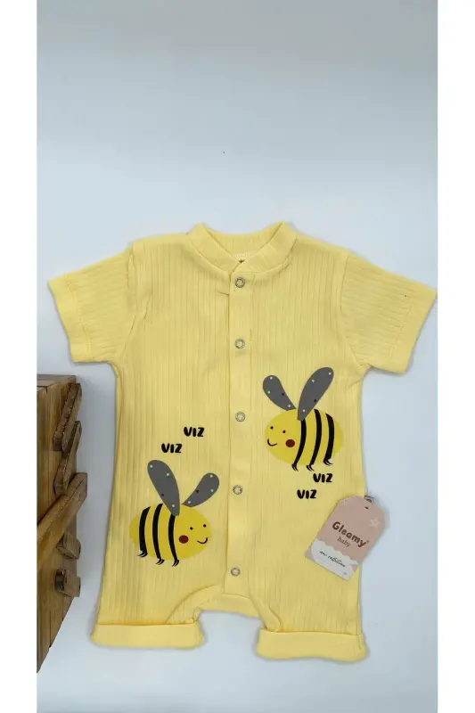 HAZELNUT BABY KIDS BEE PATTERN SNAP FASTENER SHORT SLEEVE SHORTS JUMPSUIT (ONESIE) %100 COTTON-Yellow - 6