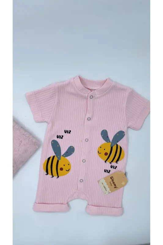 HAZELNUT BABY KIDS BEE PATTERN SNAP SHORT SLEEVE SHORTS JUMPSUIT (ONESIE) %100 COTTON-PINK - 1