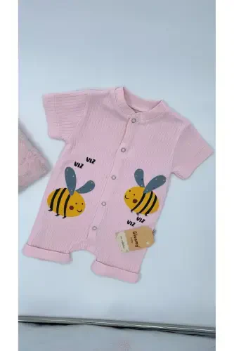 HAZELNUT BABY KIDS BEE PATTERN SNAP SHORT SLEEVE SHORTS JUMPSUIT (ONESIE) %100 COTTON-PINK - GLEAMY (1)