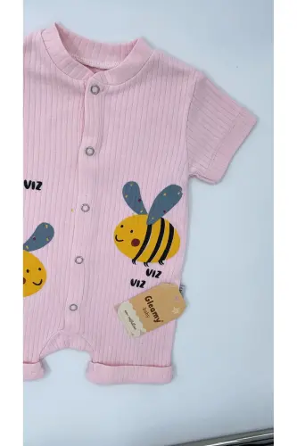 HAZELNUT BABY KIDS BEE PATTERN SNAP SHORT SLEEVE SHORTS JUMPSUIT (ONESIE) %100 COTTON-PINK - 4