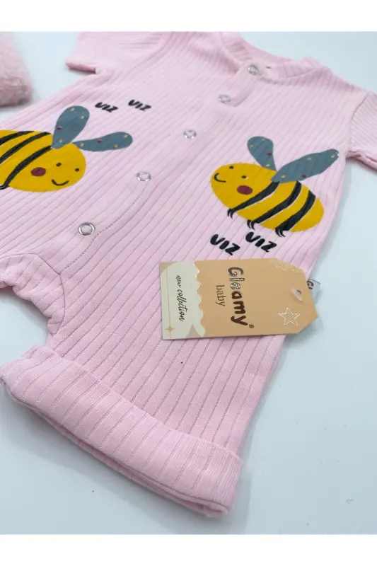 HAZELNUT BABY KIDS BEE PATTERN SNAP SHORT SLEEVE SHORTS JUMPSUIT (ONESIE) %100 COTTON-PINK - 5