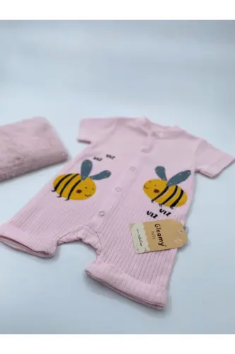 HAZELNUT BABY KIDS BEE PATTERN SNAP SHORT SLEEVE SHORTS JUMPSUIT (ONESIE) %100 COTTON-PINK - 6