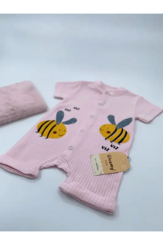 HAZELNUT BABY KIDS BEE PATTERN SNAP SHORT SLEEVE SHORTS JUMPSUIT (ONESIE) %100 COTTON-PINK - 6