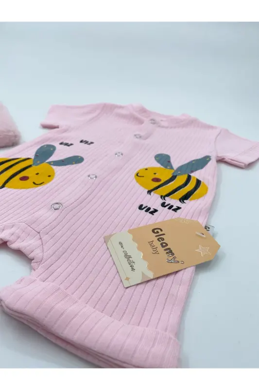 HAZELNUT BABY KIDS BEE PATTERN SNAP SHORT SLEEVE SHORTS JUMPSUIT (ONESIE) %100 COTTON-PINK - 8