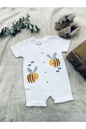 HAZELNUT BABY KIDS BEE PATTERN SNAP SHORT SLEEVE SHORTS ROMPER (ONESIE) %100 COTTON-WHITE - GLEAMY (1)