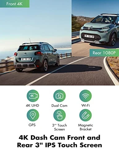 Heaboli 4K Ikkita oldingi va orqa Dash Cam, Wi-Fi GPS, 3 dyuymli IPS Sensorli Ekran, Kechki Ko'rish bilan Avtomobil Kamerasi Haydovchi Yozuvchisi, To'xtash Rejimi - 8