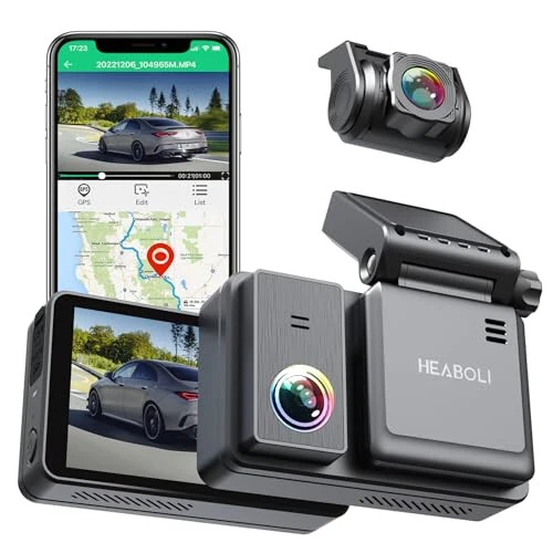 Heaboli 4K Ikkita oldingi va orqa Dash Cam, Wi-Fi GPS, 3 dyuymli IPS Sensorli Ekran, Kechki Ko'rish bilan Avtomobil Kamerasi Haydovchi Yozuvchisi, To'xtash Rejimi - HEABOLI