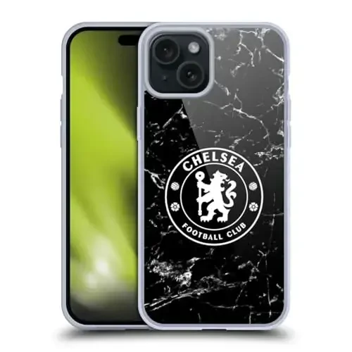 Head Case Designs Officially Licensed Chelsea Football Club Black Marble Crest Gel Case [Military Grade Protection] Compatible with Apple iPhone 15 Plus - 12