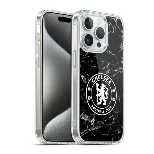 Head Case Designs Officially Licensed Chelsea Football Club Black Marble Crest Gel Case [Military Grade Protection] Compatible with Apple iPhone 15 Pro 