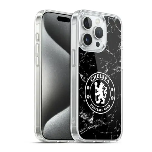 Head Case Designs Officially Licensed Chelsea Football Club Black Marble Crest Gel Case [Military Grade Protection] Compatible with Apple iPhone 15 Pro - 1