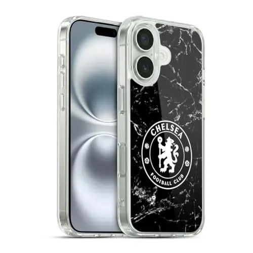 Head Case Designs Officially Licensed Chelsea Football Club Black Marble Crest Gel Case [Military Grade Protection] Compatible with Apple iPhone 16 - 1
