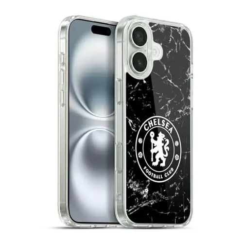 Head Case Designs Officially Licensed Chelsea Football Club Black Marble Crest Gel Case [Military Grade Protection] Compatible with Apple iPhone 16 Plus - 1