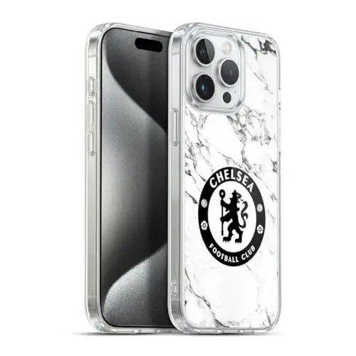 Head Case Designs Officially Licensed Chelsea Football Club White Marble Crest Gel Case [Military Grade Protection] Compatible with Apple iPhone 15 Pro Max and Compatible with MagSafe 