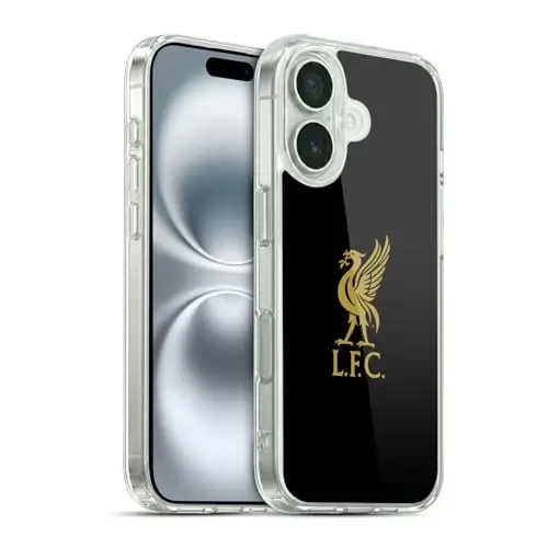 Head Case Designs Officially Licensed Liverpool Football Club Gold Logo On Black Liver Bird Gel Case [Military Grade Protection] Compatible with Apple iPhone 16 