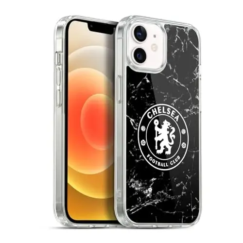 Head Case Designs Официально лицензированный футбольный клуб «Челси» Мягкий гелевый чехол с черным мраморным гербом, совместимый с Apple iPhone 12 / iPhone 12 Pro 