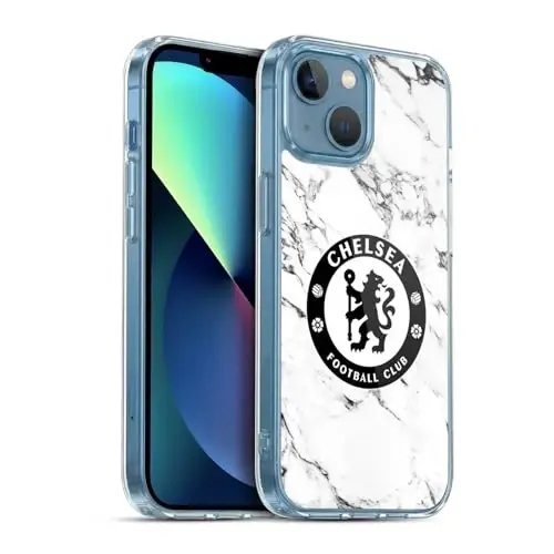 Head Case Designs Официально лицензированный футбольный клуб Chelsea White Marble Crest Gel Case [Военная защита] Совместим с Apple iPhone 13 Mini и совместим с MagSafe 