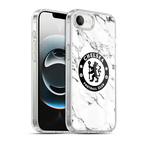 Head Case Designs официально лицензированный футбольный клуб Chelsea White Marble Crest Gel Case [Военная защита] Совместим с Apple iPhone 16e и совместим с MagSafe - 1