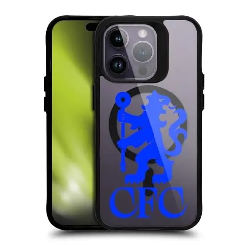 Head Case Designs Rasman litsenziyalangan Chelsea Football Club Lions Katta hajmdagi Logo Icon Qora zarbaga chidamli bamper qutisi [Harbiy darajadagi himoya] bilan mos va MagSafe Apple iPhone bilan mos 