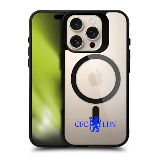 Head Case Designs rasman litsenziyalangan Chelsea Football Club Lions Minimalist Logo Icon Black Shockproof Bumper Case [Harbiy darajadagi himoya] bilan mos va MagSafe Apple bilan mos 