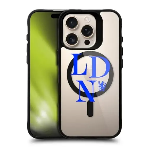 Head Case Designs Rasman litsenziyalangan Chelsea futbol klubi Logotip Logotipi Belgisi Qora zarbaga chidamli bamper g'ilofi [Harbiy darajadagi himoya] mos va MagSafe Apple iPhone 16 Pro bilan mos 