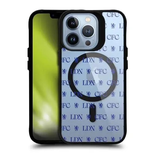 Head Case Designs rasmiy litsenziyaga ega Chelsea Football Club Lions Pattern Logo Icon Black zarba o'tkazmaydigan bumper g'ilofi [Harbiy darajadagi himoya] bilan mos va MagSafe Apple iPhone bilan mos - HEAD CASE DESIGNS