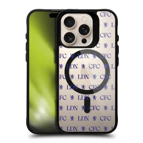 Head Case Designs rasmiy litsenziyaga ega Chelsea Football Club Lions Pattern Logo Icon Qora zarbaga chidamli bumper g'ilofi [Harbiy darajadagi himoya] bilan mos va MagSafe Apple iPhone bilan mos 
