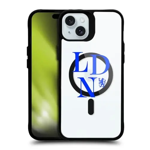 Head Case Designs rasmiy litsenziyaga ega Chelsea Football Club Logotype Logotipi Icon Qora zarbaga chidamli bamper g'ilofi [Harbiy darajadagi himoya] mos va MagSafe Apple iPhone 15 bilan mos 