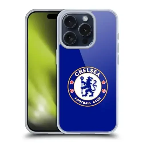 Head Case Designs rasmiy litsenziyaga ega Chelsea Football Club Plain Blue Crest Gel Case [Harbiy darajadagi himoya] Apple iPhone 15 Pro bilan mos va MagSafe bilan mos 