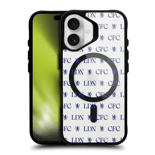 Head Case Designs rasmiy litsenziyaga ega Chelsea futbol klubi sherlar naqshli logotipi ikonkasi qora zarbaga chidamli bamper g'ilofi [harbiy darajadagi himoya] bilan mos va MagSafe Apple iPhone bilan mos - HEAD CASE DESIGNS