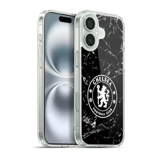 Head Case Designs rasmiy litsenziyalangan Chelsea Football Club Black Marble Crest Gel Case [Harbiy darajadagi himoya] Apple iPhone 16 Plus bilan mos 