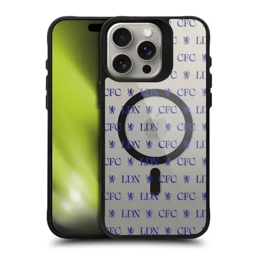 Head Case Designs Rasmiy litsenziyalangan Chelsea Football Club Lions Pattern Logotip Belgisi Qora Zarba o'tkazmaydigan Bumper G'ilof [Harbiy Standart Himoya] Mos va MagSafe Apple iPhone bilan mos 
