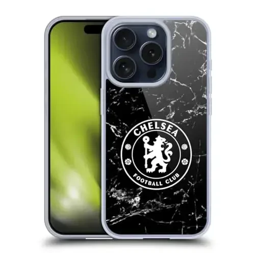 Head Case Designs Rasmiy litsenziyalangan Chelsea Football Club Qora Marmar Gerbi Gel G'ilofi [Harbiy Sifatli Himoya] Apple iPhone 15 Pro bilan mos 