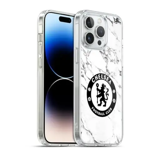 Head Case Designs Rasmiy litsenziyalangan Chelsea Football Club White Marble Crest Gel Case [Harbiy darajadagi himoya] Apple iPhone 14 Pro Max bilan mos va MagSafe bilan mos 