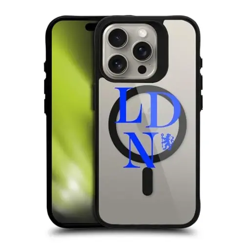 Head Case Designs Rasmiy Litsenziyalangan Chelsea Futbol Klubi Logotipi Logo Ikon Qora Zarba o'tkazmaydigan Bumper G'ilofi [Harbiy Darajadagi Himoya] mos va MagSafe Apple iPhone 15 Pro bilan mos 