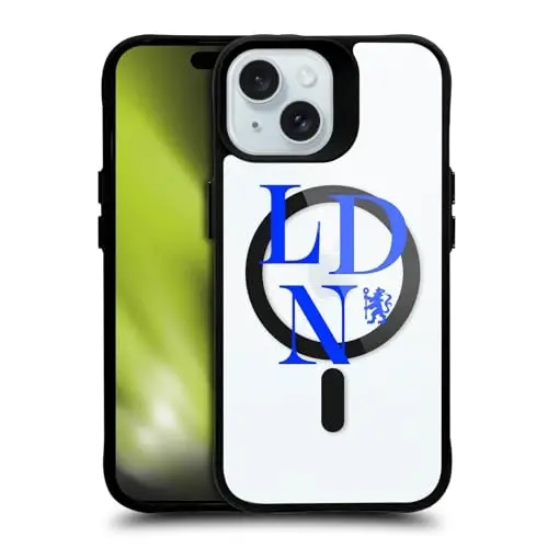 Head Case Designs Rasmiy litsenziyalangan Chelsea futbol klubi Logotipi Logotip Belgisi Qora zarbaga chidamli bamper korpusi [Harbiy darajadagi himoya] mos va MagSafe Apple iPhone 15 bilan mos 