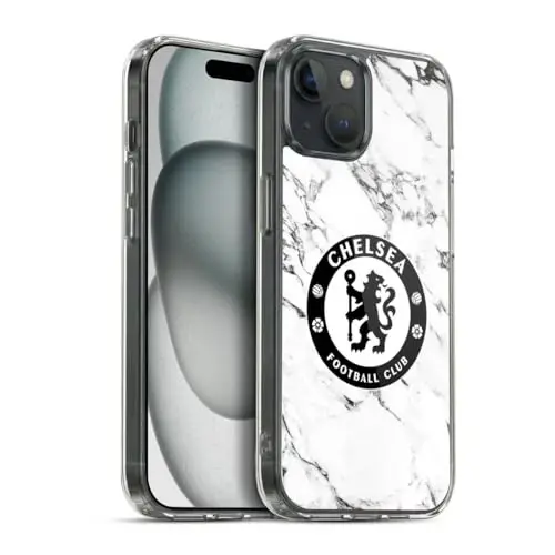 Head Case Designs Rasmiy Litsenziyalangan Chelsea Futbol Klubi Oq Marmar Gerbi Gel G'ilofi [Harbiy Sifat Himoyasi] Apple iPhone 15 Plus bilan mos va MagSafe bilan mos 