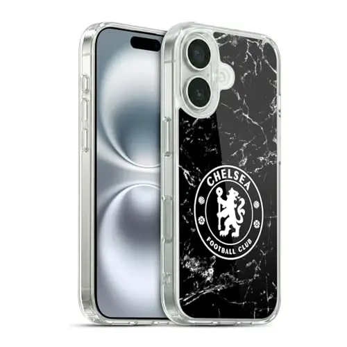 Head Case Designs Rasmiy litsenziyalangan Chelsea futbol klubi Qora marmar gerbi Gel g'ilof [Harbiy darajadagi himoya] Apple iPhone 16 bilan mos - HEAD CASE DESIGNS